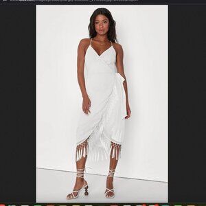 lulu's | Fun Affair White Floral Embroidered Tassel Midi Wrap Dress